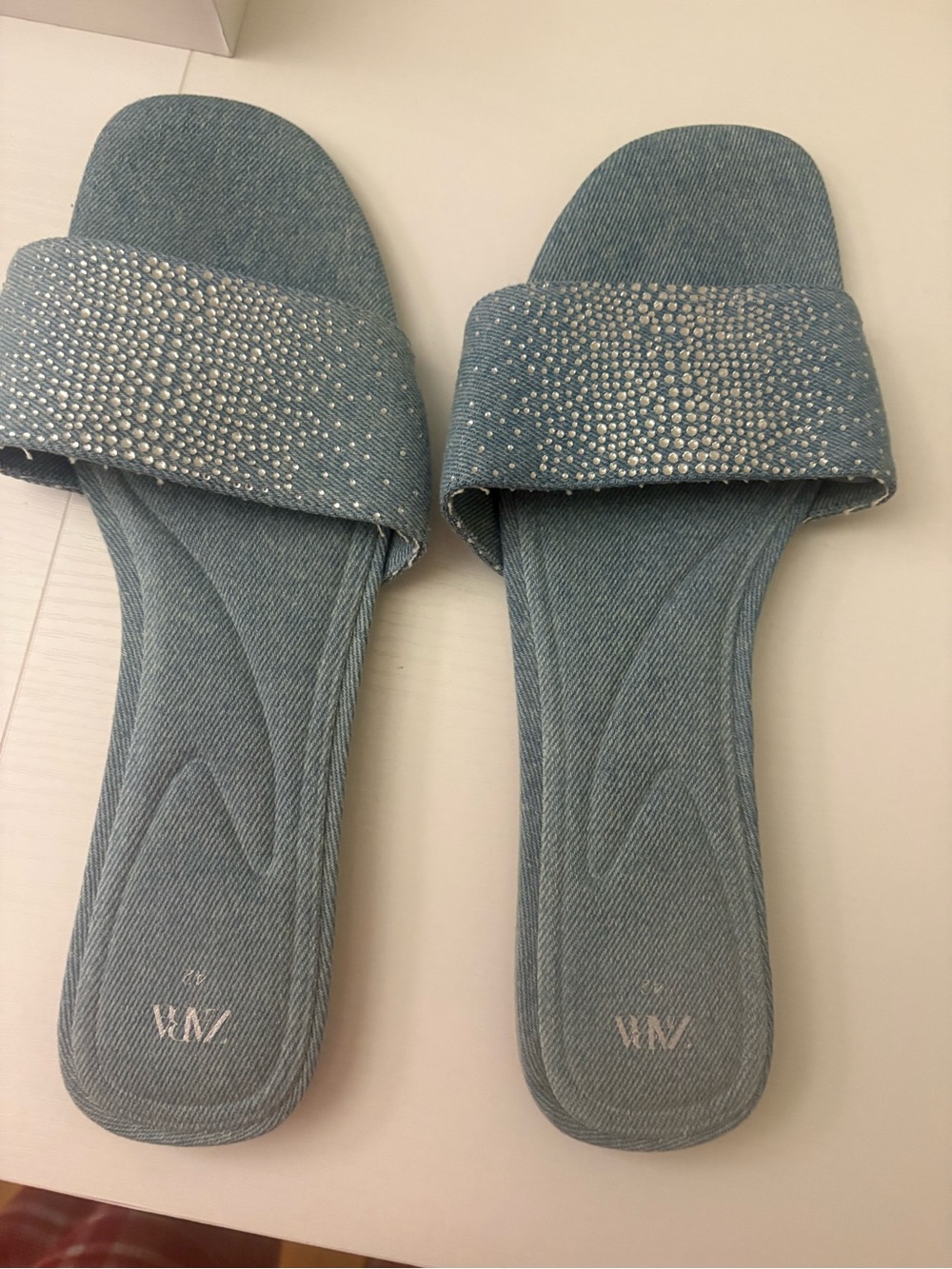Zara flat Denim Slide Sandals with Crystal Accent - Light Blue